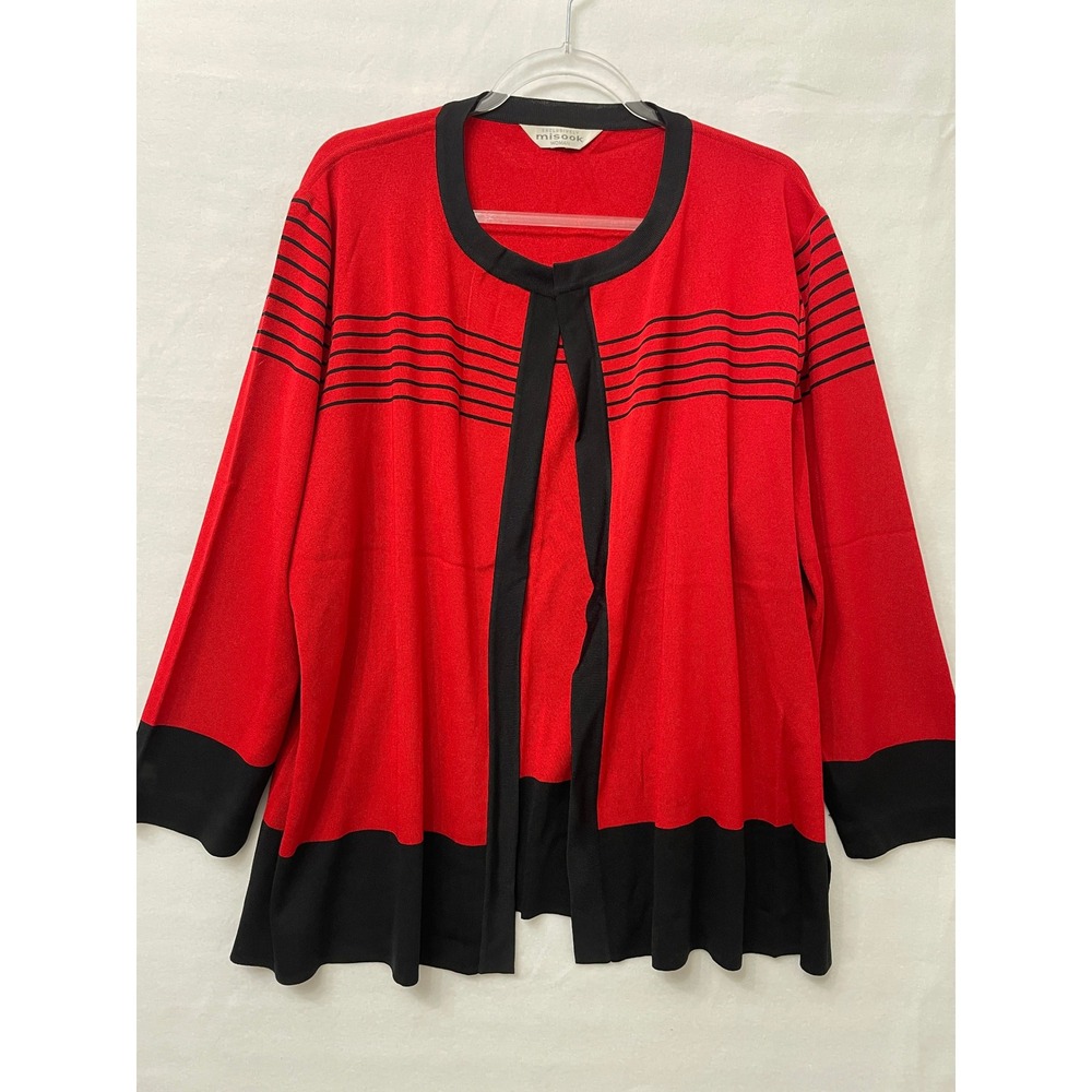 Misook Cardigan size 2X Red Black Striped Heavy Knit Stretch Preppy